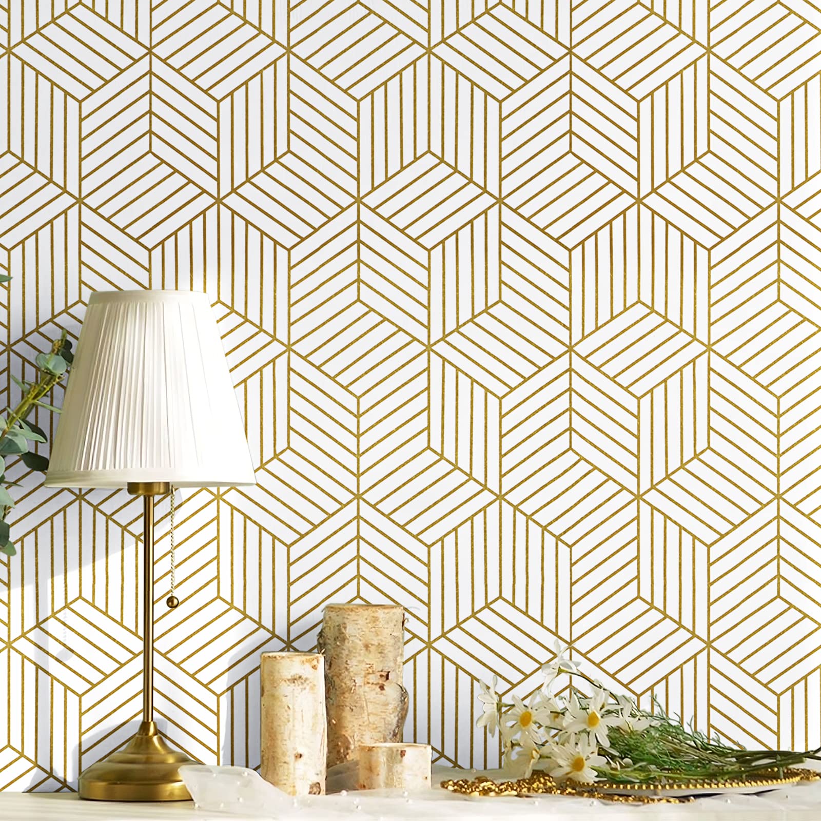 CiCiwind Peel and Stick Wallpaper White and Gold Geometric Wallpaper Removable Self Adhesive Wall Paper Gold Striped Hexagon Vinyl Contact Paper for Cabinets Shelf Drawer Waterproof 15.7"x78.7"Upgrade