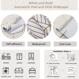 CiCiwind Peel and Stick Wallpaper White and Gold Geometric Wallpaper Removable Self Adhesive Wall Paper Gold Striped Hexagon Vinyl Contact Paper for Cabinets Shelf Drawer Waterproof 15.7"x78.7"Upgrade