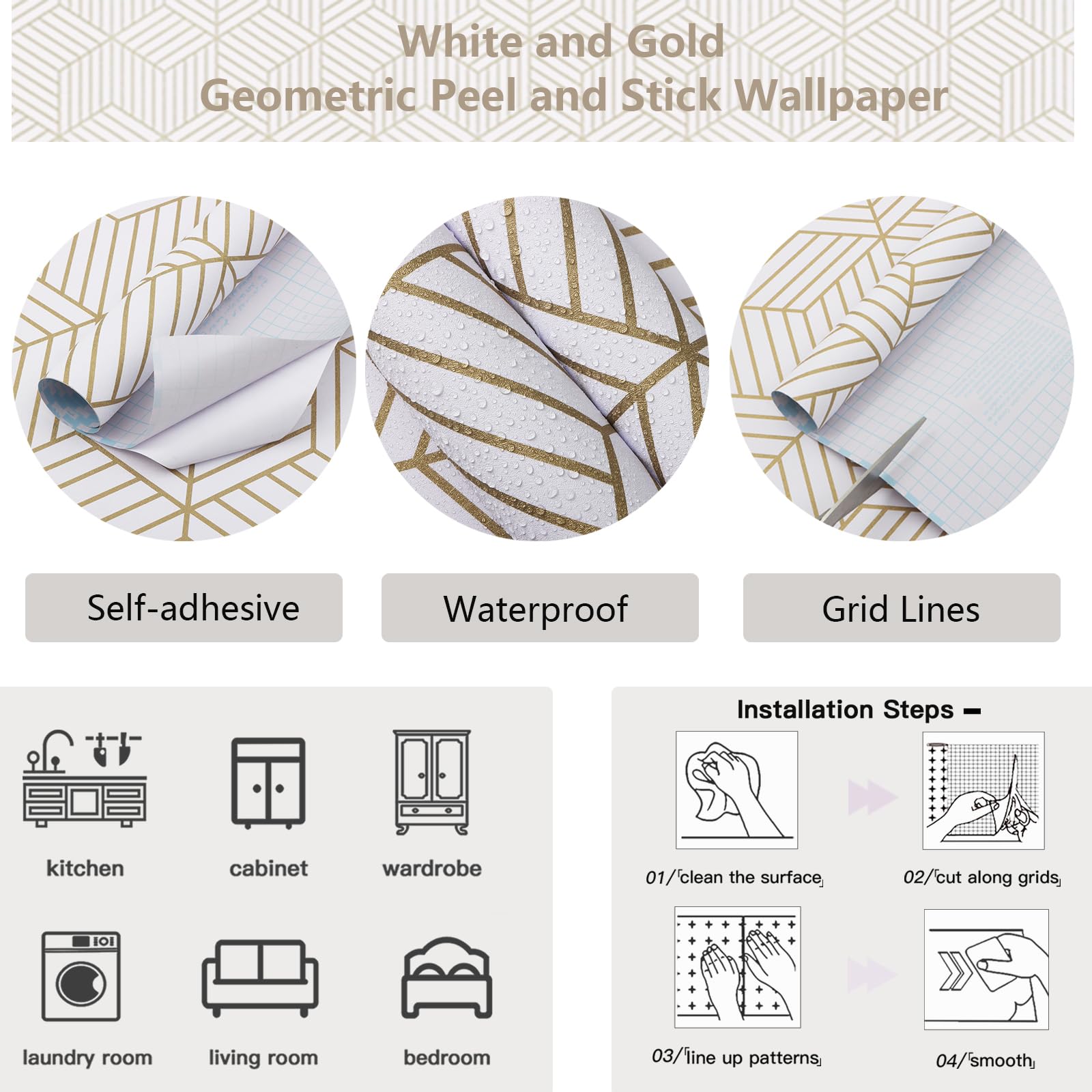 CiCiwind Peel and Stick Wallpaper White and Gold Geometric Wallpaper Removable Self Adhesive Wall Paper Gold Striped Hexagon Vinyl Contact Paper for Cabinets Shelf Drawer Waterproof 15.7"x78.7"Upgrade