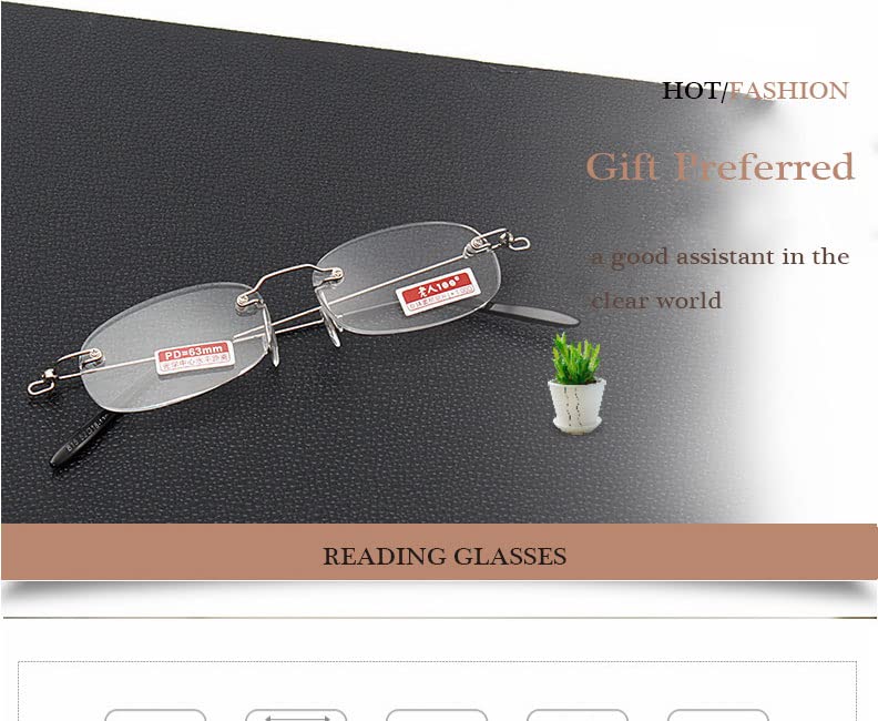 Viseng 2 Pairs Unisex Super Lightweight Rimless Quality Readers Ultra Thin Clear Lenses Frameless Reading Glasses +1.5