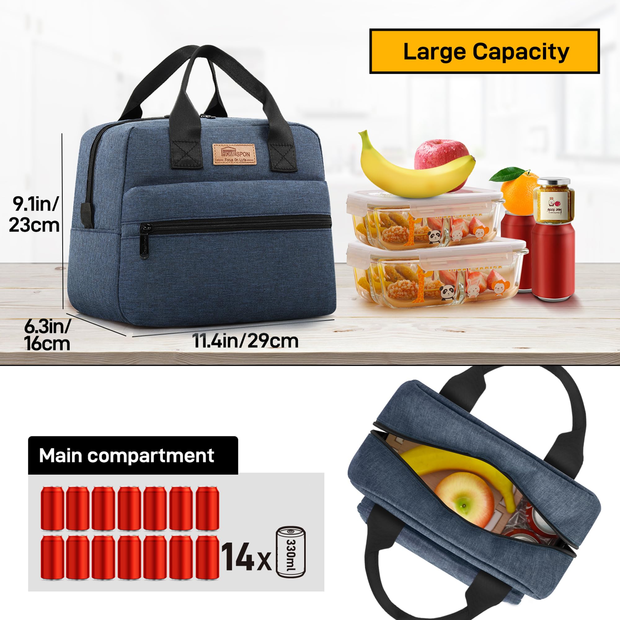 HOMESPON Insulated Lunch Bag for Women Men Lunch Box Cooler Lunch Tote for Work Picnic (Navy)