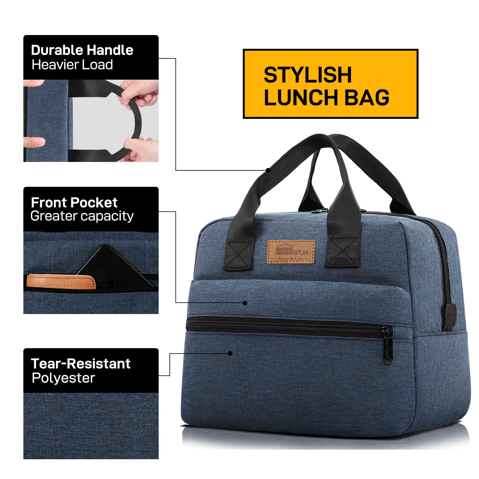 HOMESPON Insulated Lunch Bag for Women Men Lunch Box Cooler Lunch Tote for Work Picnic (Navy)