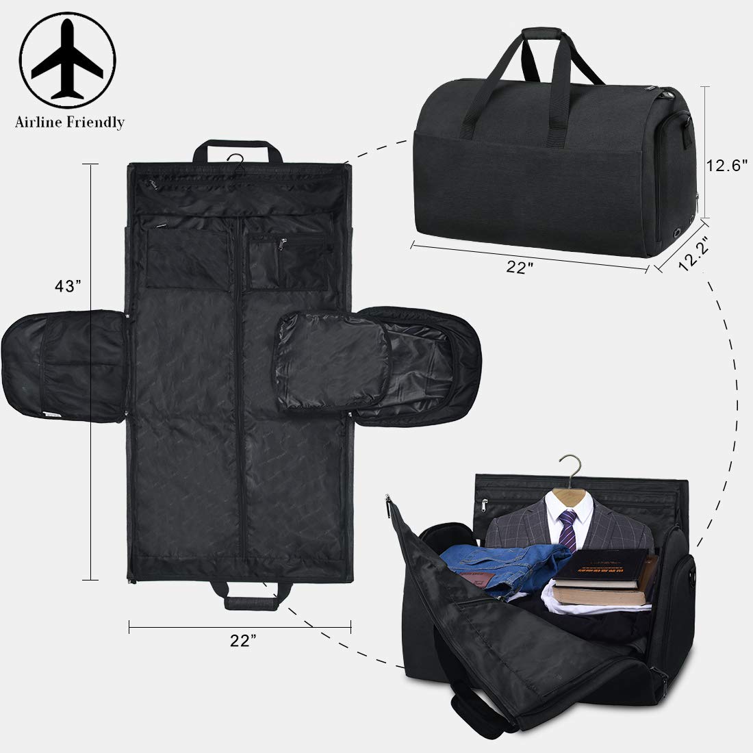 Garment Bags Convertible Suit Travel Bag with Shoes Compartment Waterproof Large Carry on Duffel Bags Garment Weekender Bag for Men Women Black