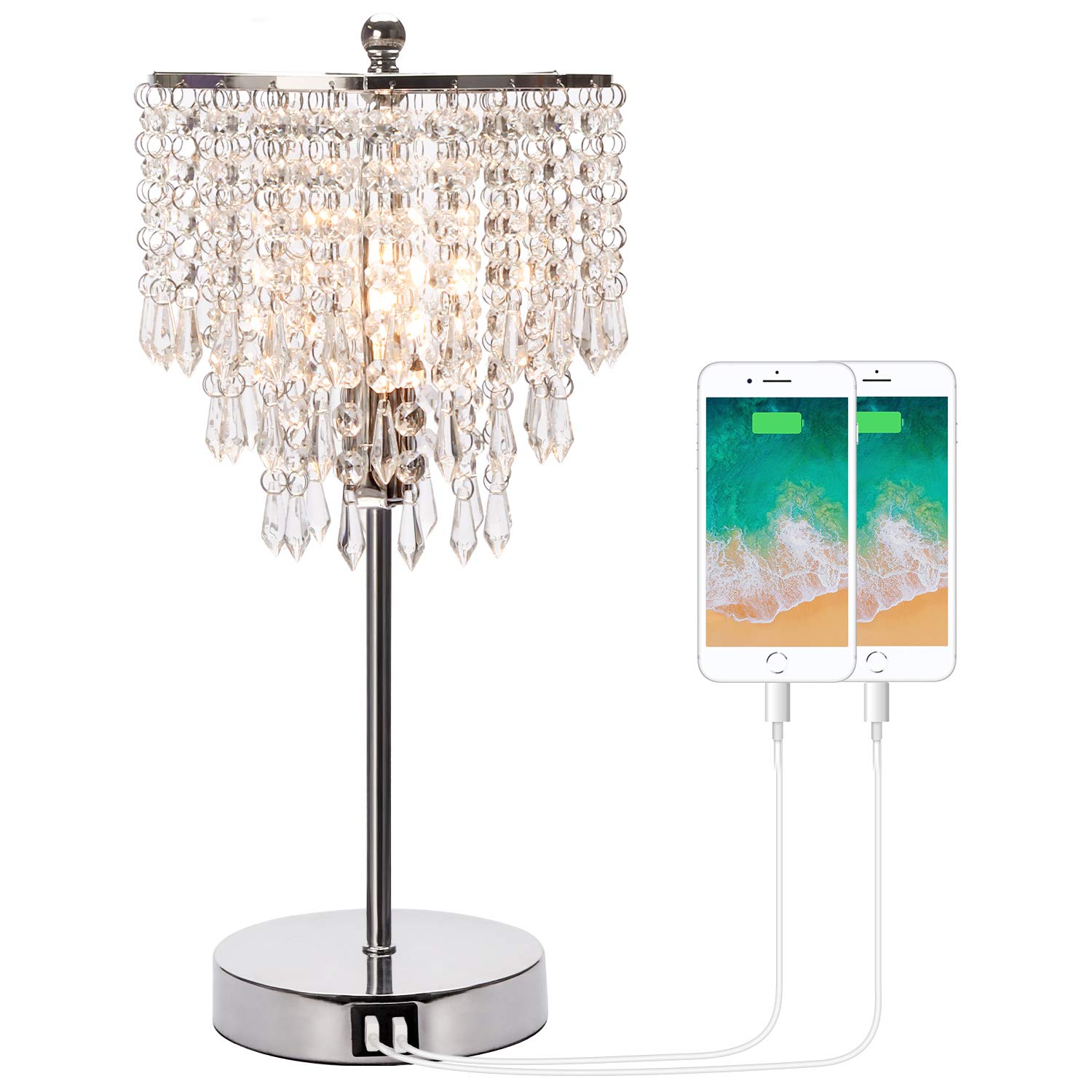 Touch Control Crystal Table Lamp with Dual USB Charging Ports, 3-Way Dimmable Bedside Touch Lamp Decorative Nightstand Lamp with Elegant Lamp Shade for Living Room Bedroom, B11 LED Bulb Included