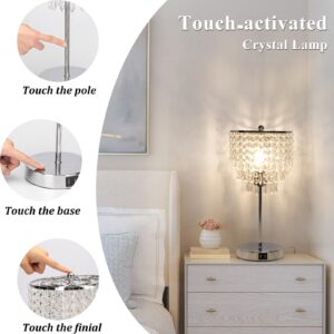 Touch Control Crystal Table Lamp with Dual USB Charging Ports, 3-Way Dimmable Bedside Touch Lamp Decorative Nightstand Lamp with Elegant Lamp Shade for Living Room Bedroom, B11 LED Bulb Included