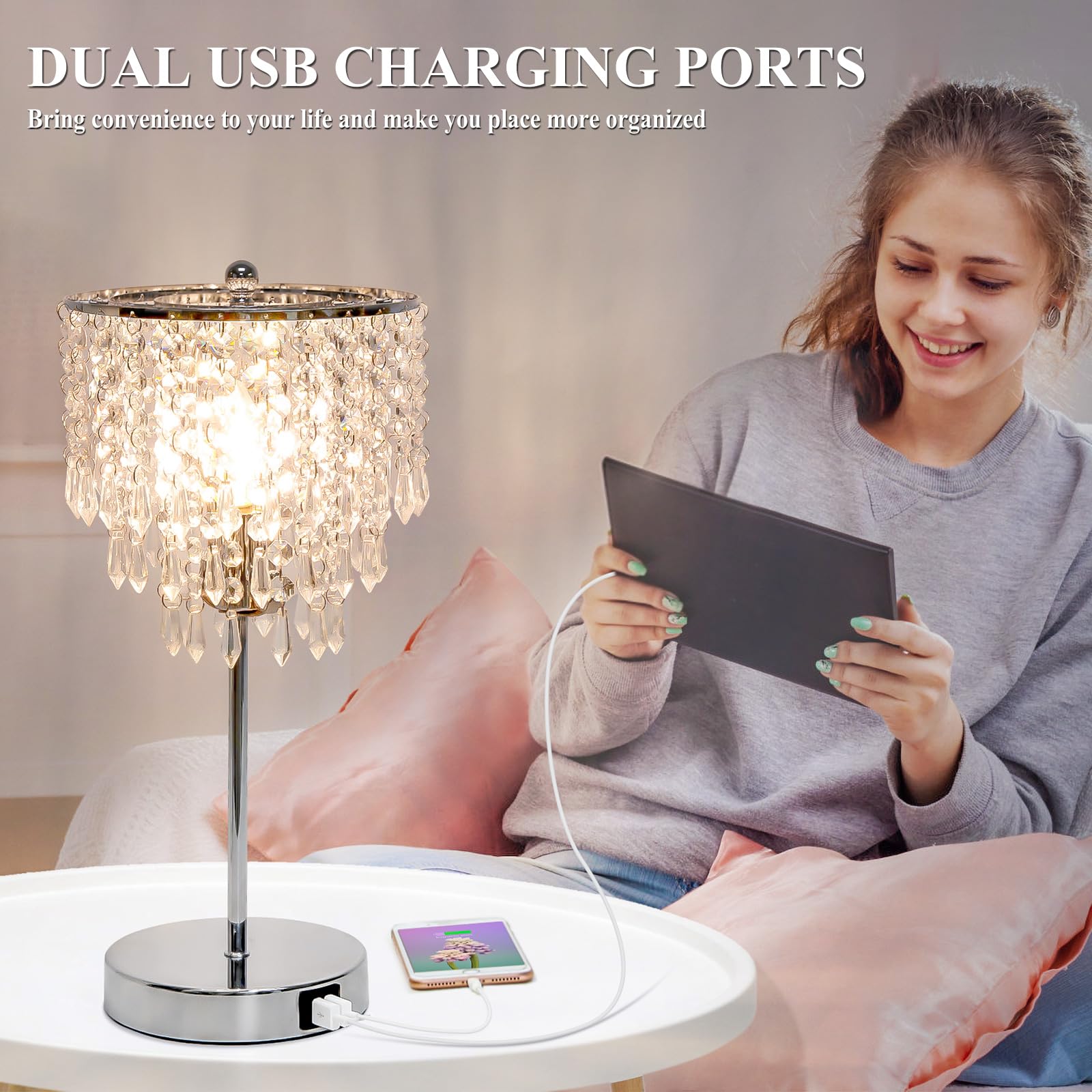 Touch Control Crystal Table Lamp with Dual USB Charging Ports, 3-Way Dimmable Bedside Touch Lamp Decorative Nightstand Lamp with Elegant Lamp Shade for Living Room Bedroom, B11 LED Bulb Included