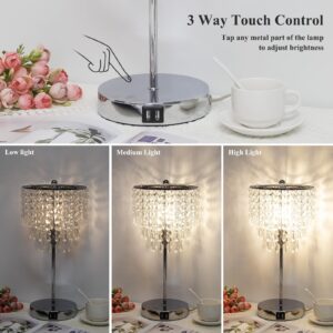 Touch Control Crystal Table Lamp with Dual USB Charging Ports, 3-Way Dimmable Bedside Touch Lamp Decorative Nightstand Lamp with Elegant Lamp Shade for Living Room Bedroom, B11 LED Bulb Included