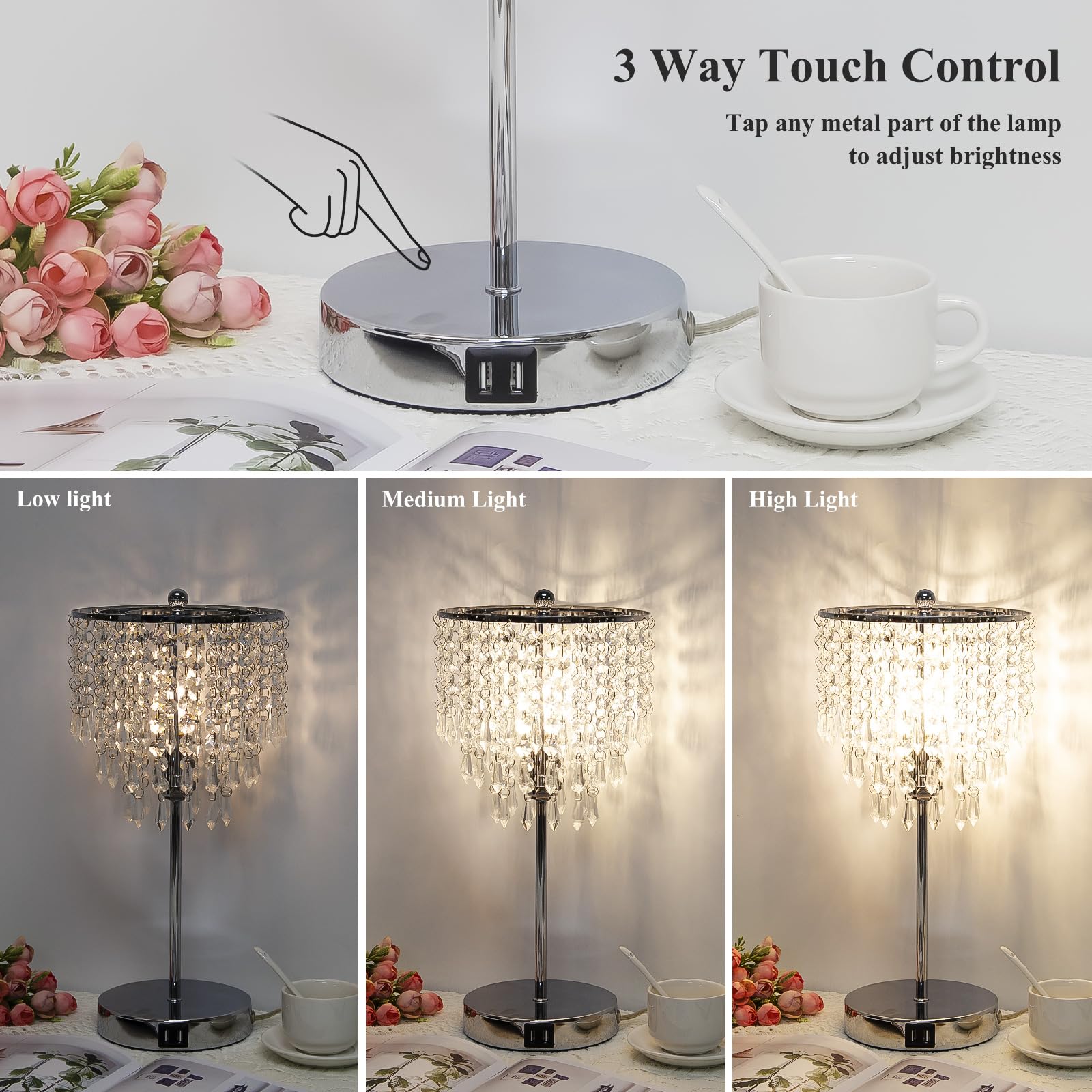 Touch Control Crystal Table Lamp with Dual USB Charging Ports, 3-Way Dimmable Bedside Touch Lamp Decorative Nightstand Lamp with Elegant Lamp Shade for Living Room Bedroom, B11 LED Bulb Included