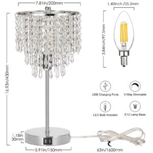 Touch Control Crystal Table Lamp with Dual USB Charging Ports, 3-Way Dimmable Bedside Touch Lamp Decorative Nightstand Lamp with Elegant Lamp Shade for Living Room Bedroom, B11 LED Bulb Included