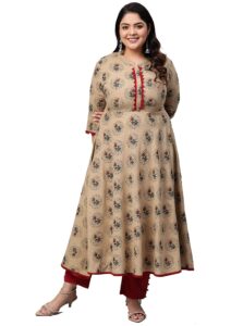 yash gallery women's cotton blend printed anarkali kurta (beige)