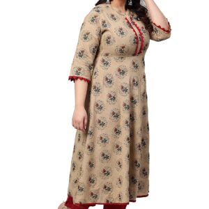 Yash Gallery Women's Cotton Blend Printed Anarkali Kurta (Beige)