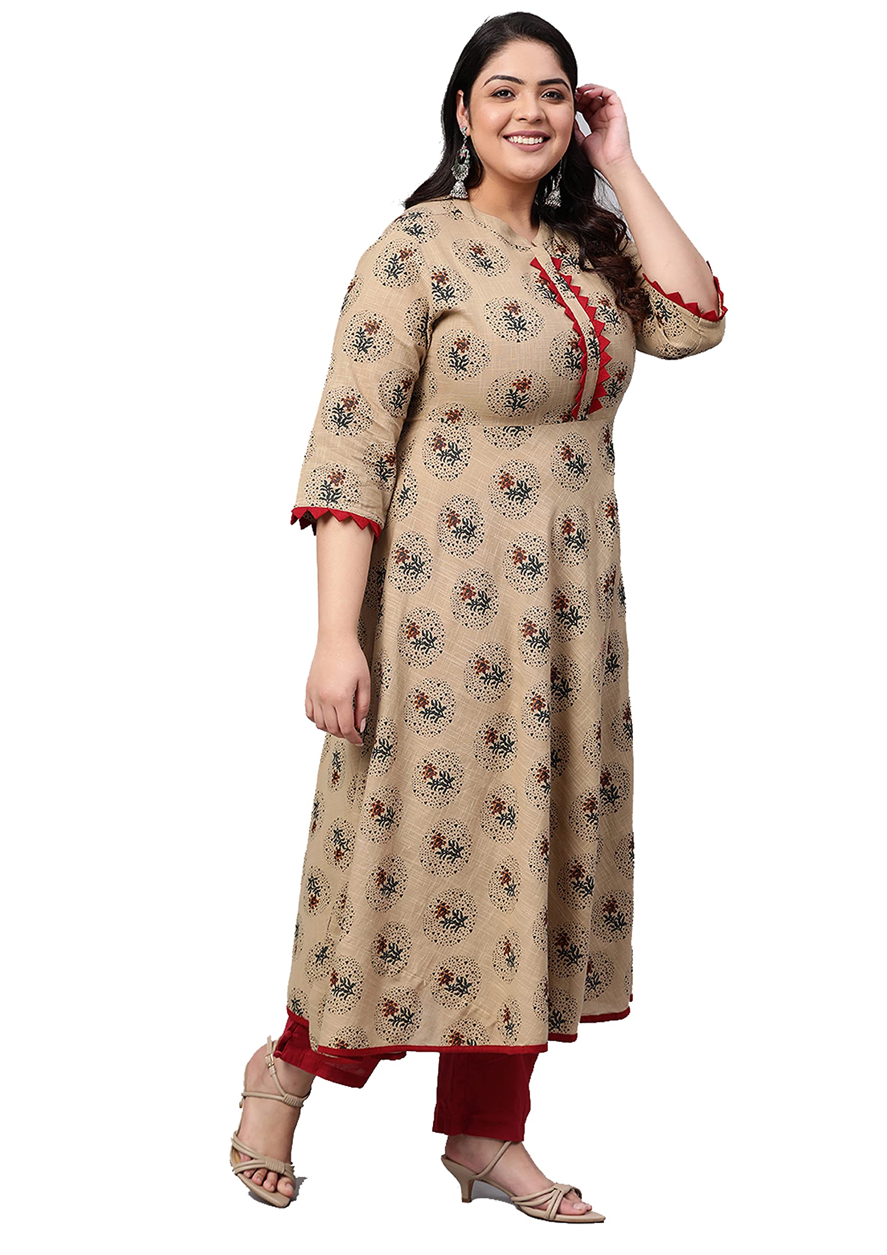 Yash Gallery Women's Cotton Blend Printed Anarkali Kurta (Beige)