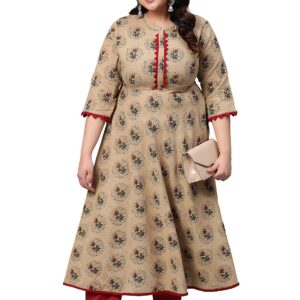 Yash Gallery Women's Cotton Blend Printed Anarkali Kurta (Beige)