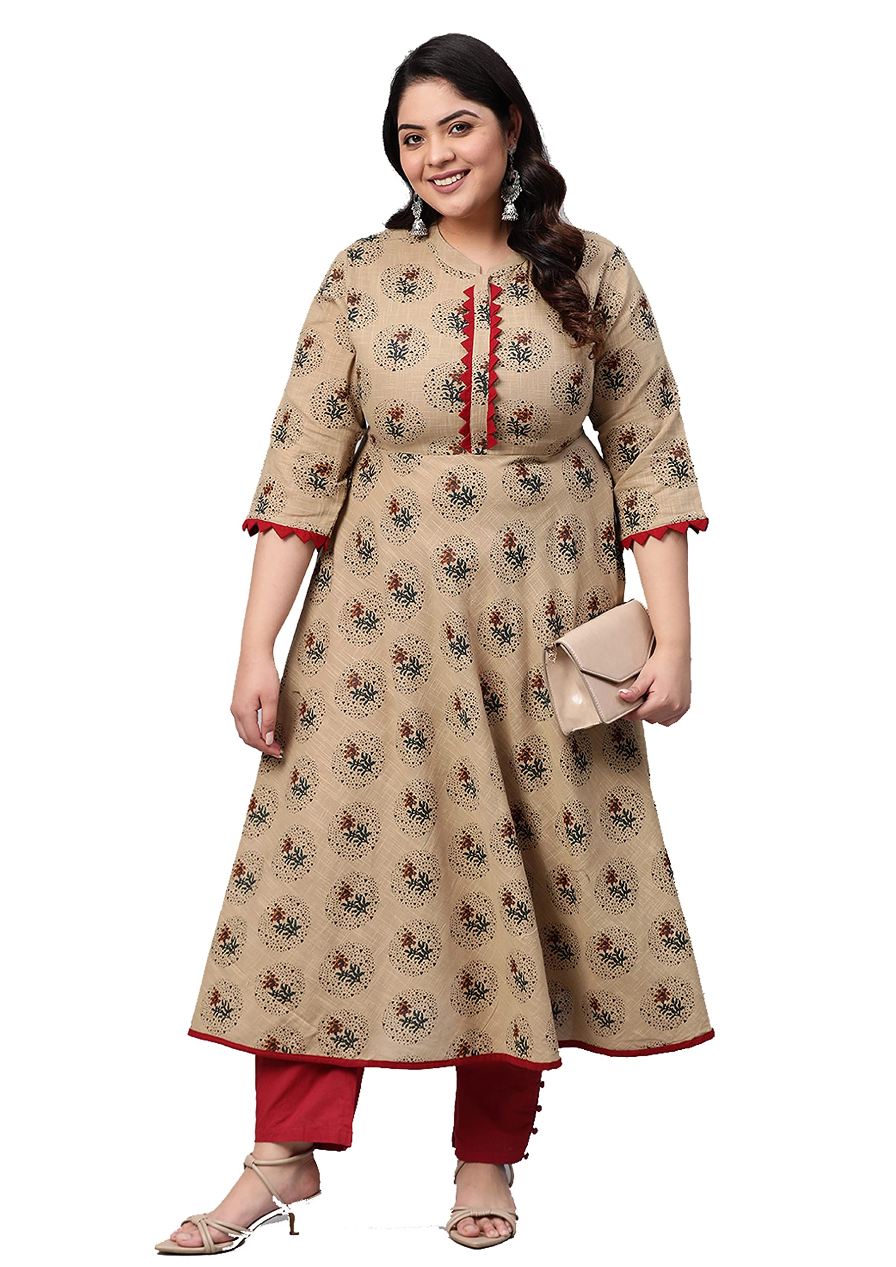 Yash Gallery Women's Cotton Blend Printed Anarkali Kurta (Beige)