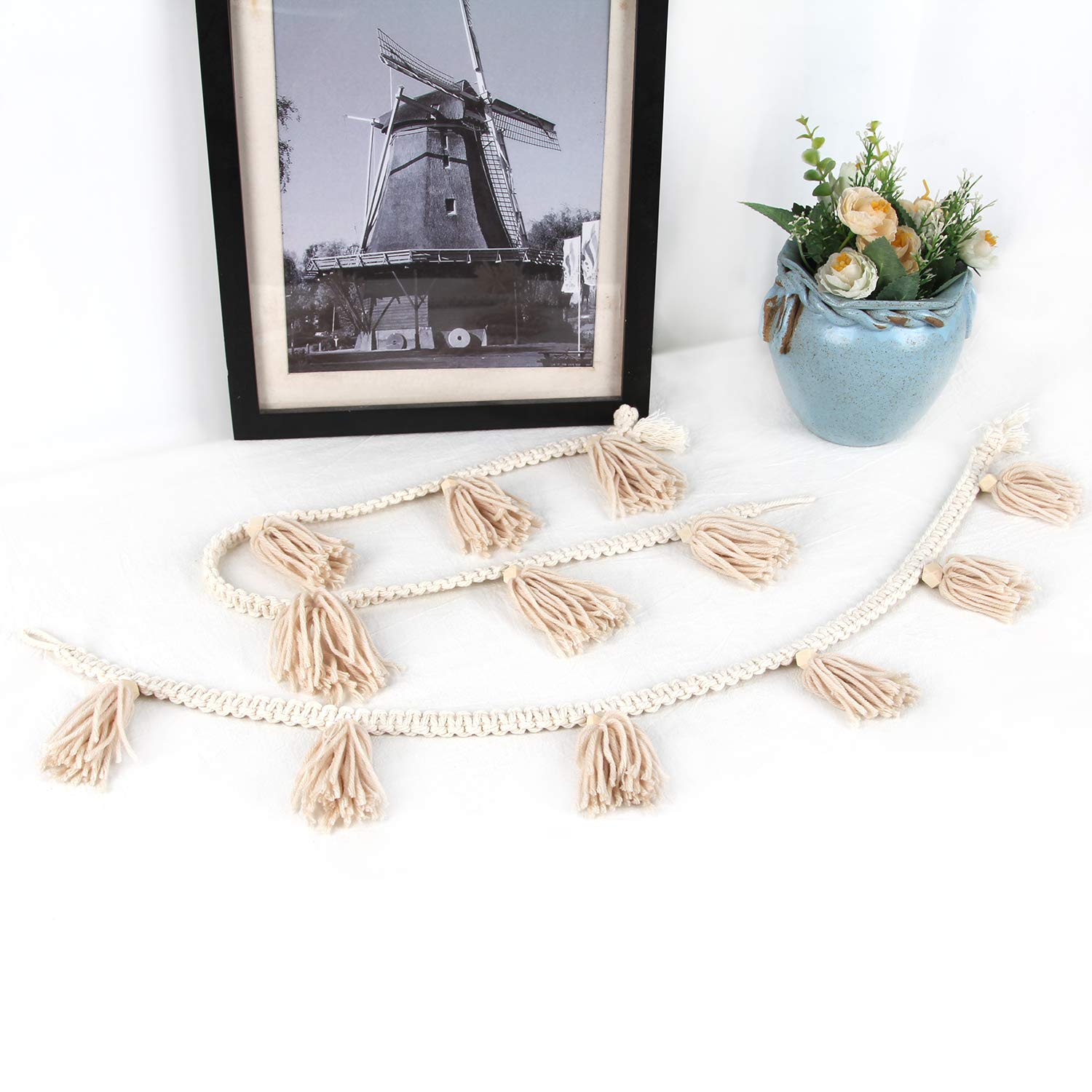 BlueMake 2 Pack Macrame Woven Tassel Garland Belly Basket Decorative Wall Hangings for Boho Home Decor,Nursey Room (Ivory)