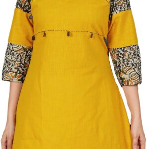 Yash Gallery Women's Cotton Blend Kalamkari Print A-Line Kurtis (Mustard Yellow)