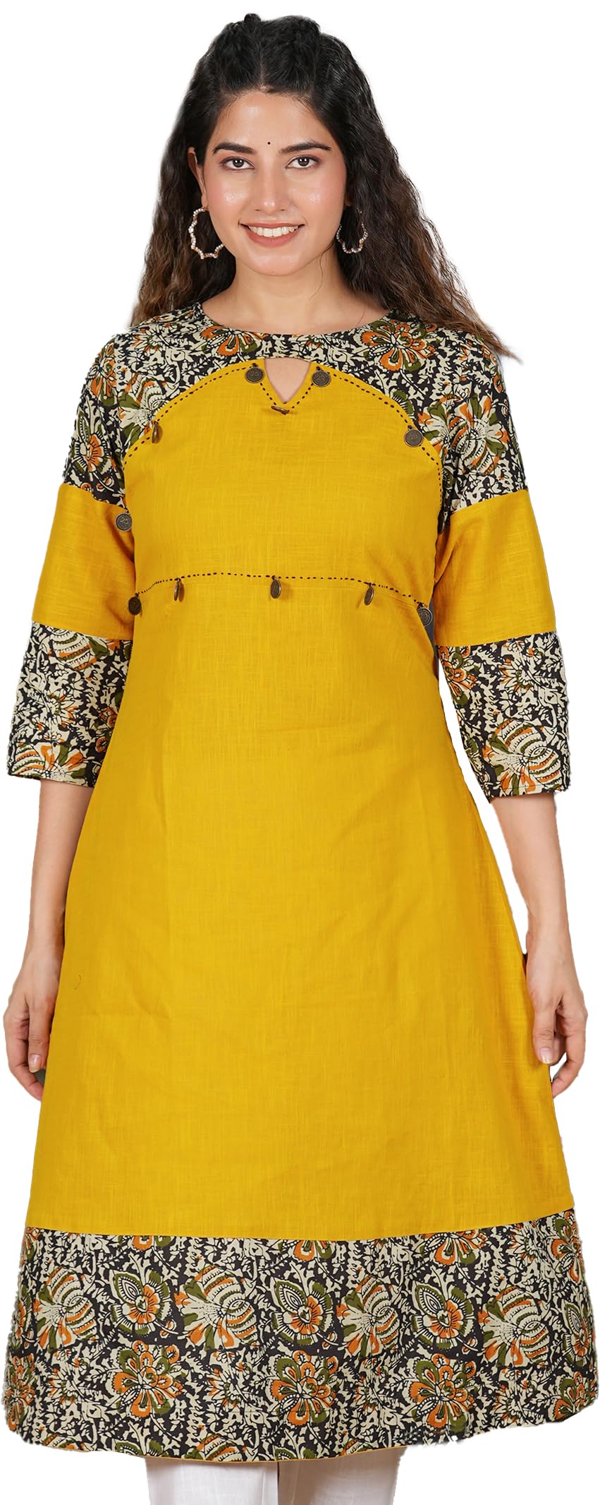 Yash Gallery Women's Cotton Blend Kalamkari Print A-Line Kurtis (Mustard Yellow)