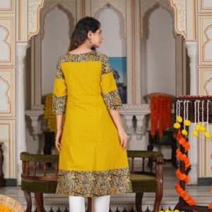 Yash Gallery Women's Cotton Blend Kalamkari Print A-Line Kurtis (Mustard Yellow)