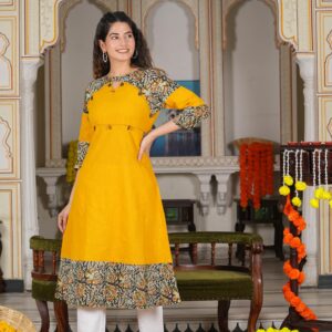 Yash Gallery Women's Cotton Blend Kalamkari Print A-Line Kurtis (Mustard Yellow)