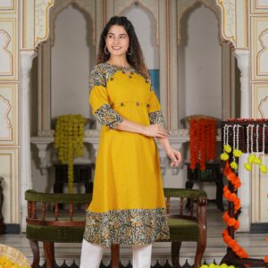 Yash Gallery Women's Cotton Blend Kalamkari Print A-Line Kurtis (Mustard Yellow)