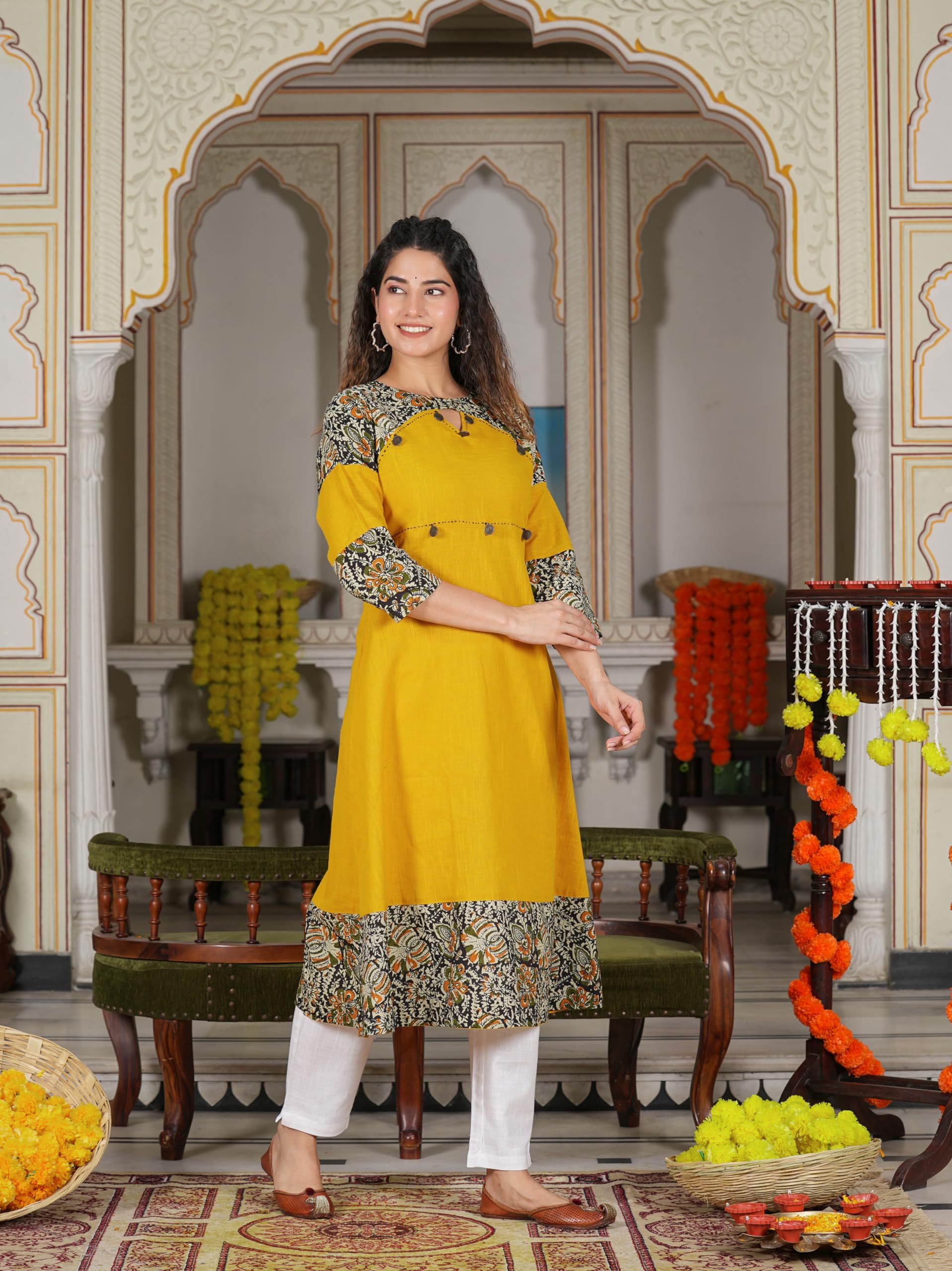 Yash Gallery Women's Cotton Blend Kalamkari Print A-Line Kurtis (Mustard Yellow)