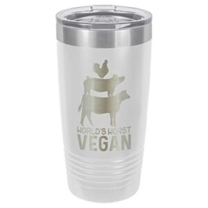 worlds worst vegan white 20 oz drink tumbler with straw | laser engraved travel mug with grilling quotes | compare to yeti rambler | best gift idea for birthday with bbq quotes | onlygifts.com