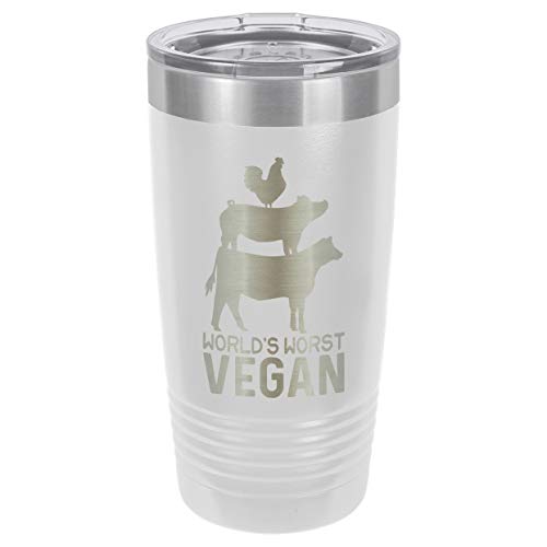 WORLDS WORST VEGAN WHITE 20 oz Drink Tumbler With Straw | Laser Engraved Travel Mug With grilling Quotes | Compare To Yeti Rambler | Best Gift Idea For Birthday with BBQ Quotes | OnlyGifts.com