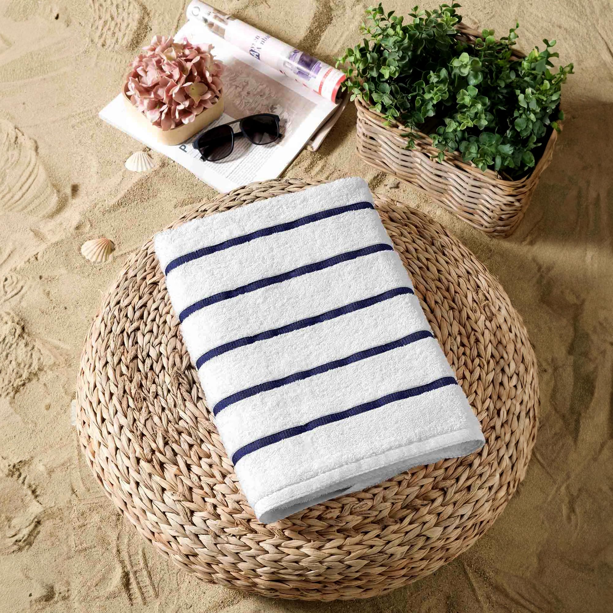 GT Globaltex Fine Linens 100% Turkish Cotton Premium Pool and Beach Towel Highly Absorbent Quick Dry Blue Striped 32" x 64" 500 GSM (1 Piece)