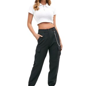 ZAFUL Cargo Pants for Women High Waisted Jogger Pants Outdoor Sweatpants Casual Pants with Chain (1-Black,M)