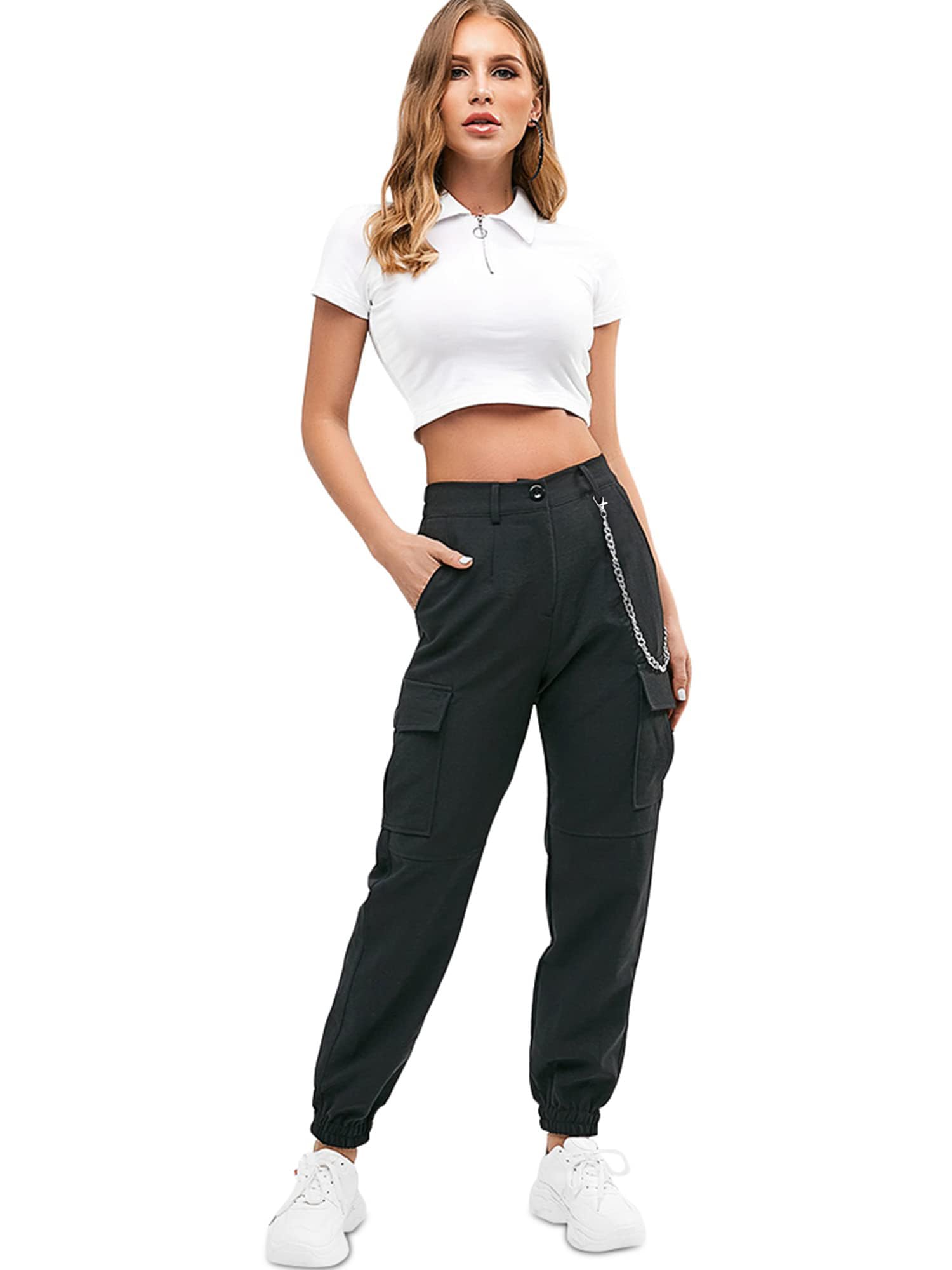 ZAFUL Cargo Pants for Women High Waisted Jogger Pants Outdoor Sweatpants Casual Pants with Chain (1-Black,M)