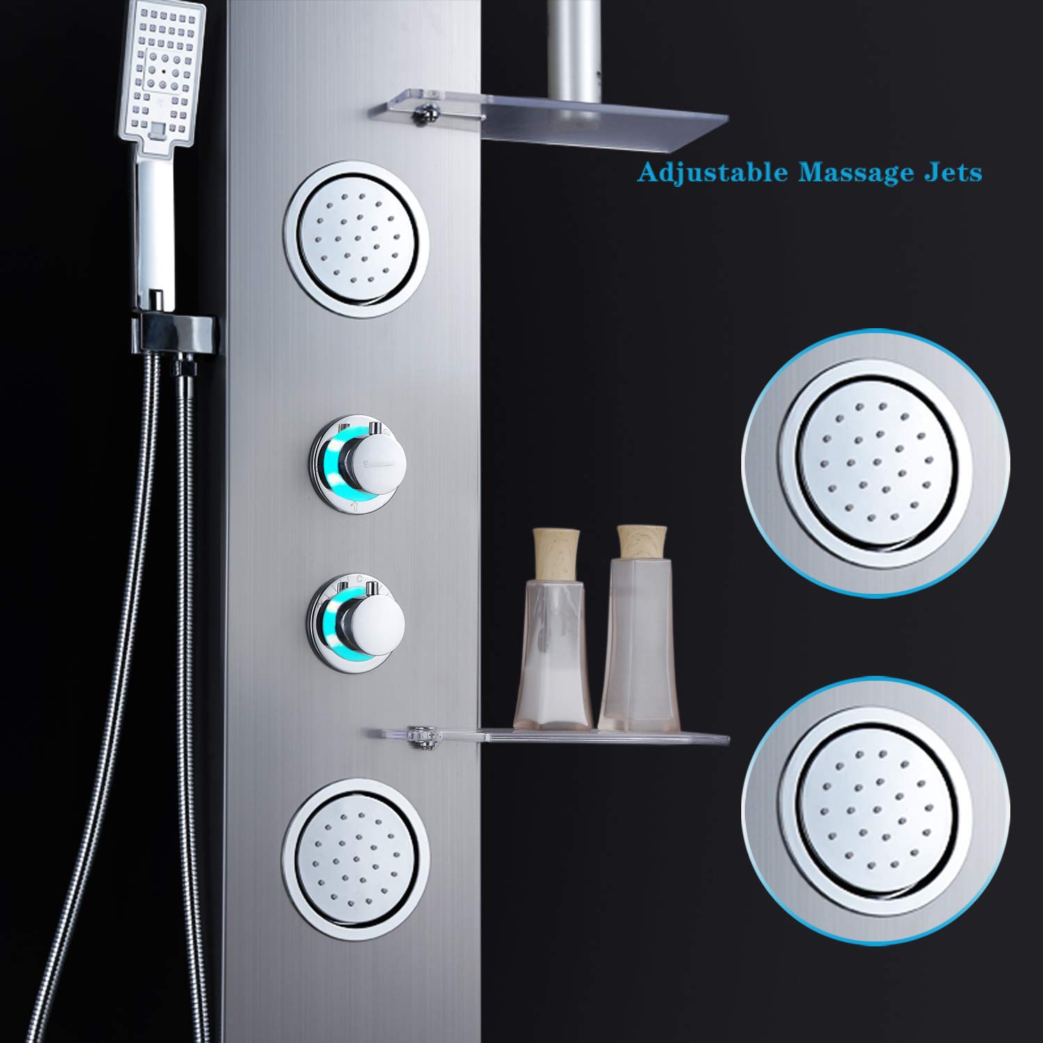 ELLO&ALLO Shower Panel System Tower with Shelf, LED Rainfall and Mist Head Rain Massage Stainless Steel Shower Fixtures with Adjustable Body Jets, Brushed Nickel