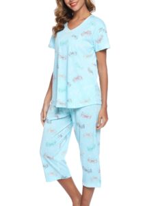 enjoynight womens pajama sets cotton pj set short sleeve top with capri pants sleepwear 2 piece lounge set(xx-large,flyyying)