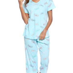 ENJOYNIGHT Womens Pajama Sets Cotton Pj Set Short Sleeve Top With Capri Pants Sleepwear 2 Piece Lounge Set(XX-Large,Flyyying)