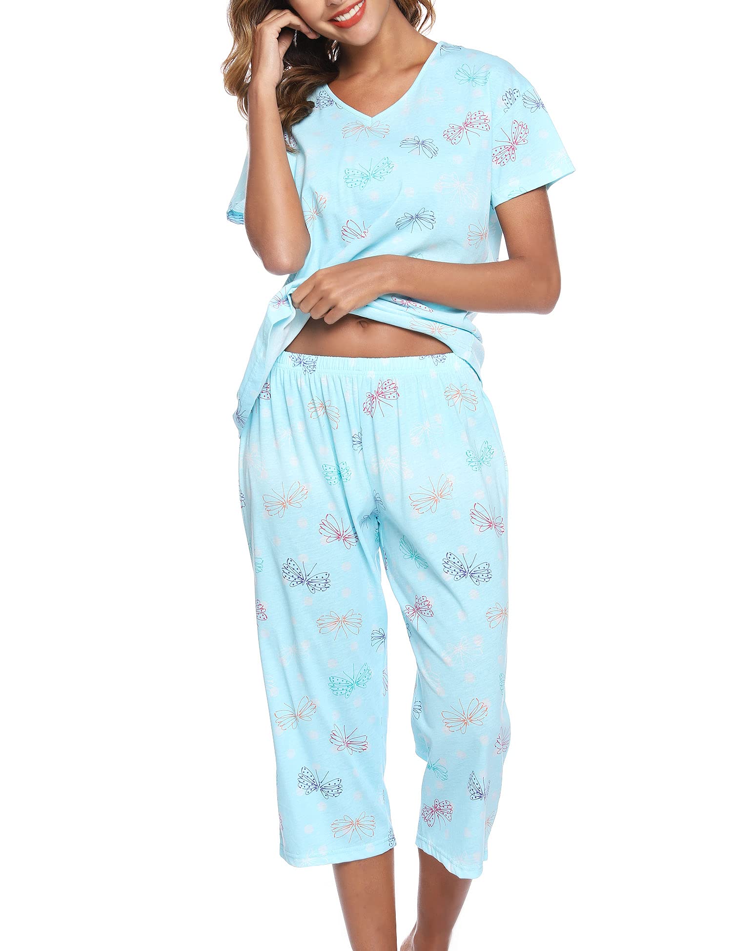 ENJOYNIGHT Womens Pajama Sets Cotton Pj Set Short Sleeve Top With Capri Pants Sleepwear 2 Piece Lounge Set(XX-Large,Flyyying)