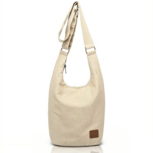 Hippie Crossbody Bag Large size Top Zip Cotton Sling Bag Jacquard cloth Handmade Bags (Tan Beige)