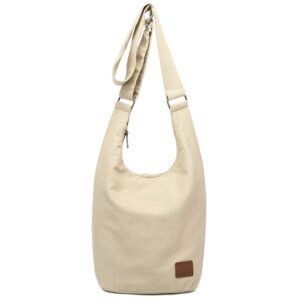 Hippie Crossbody Bag Large size Top Zip Cotton Sling Bag Jacquard cloth Handmade Bags (Tan Beige)