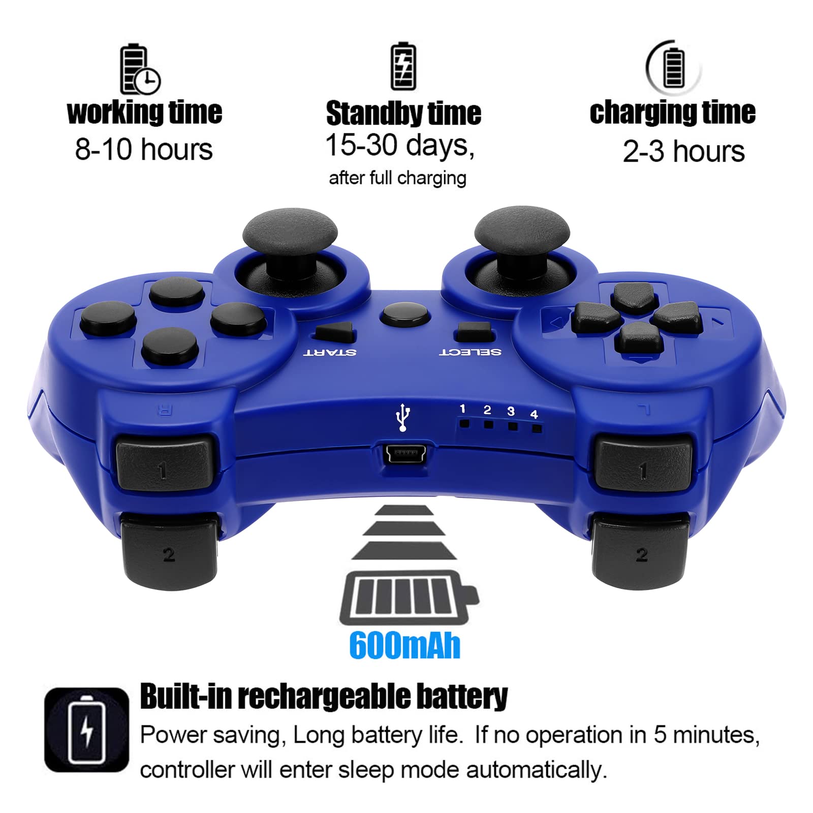 Ceozon PS3 Controller 2 Pack with Six-Axis Dual Vibration Wireless Control with Charging Cables Black + Blue