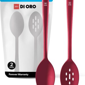 DI ORO Silicone Spoons for Cooking - Large Kitchen Spoons for Mixing, Serving, & Stirring - 600°F Heat-Resistant Non Stick Utensils – Big Solid & Slotted Basting Spoons - Dishwasher Safe (2pc, Red)