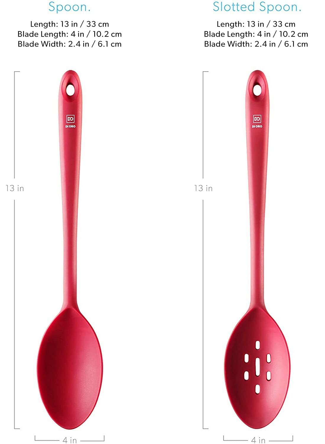 DI ORO Silicone Spoons for Cooking - Large Kitchen Spoons for Mixing, Serving, & Stirring - 600°F Heat-Resistant Non Stick Utensils – Big Solid & Slotted Basting Spoons - Dishwasher Safe (2pc, Red)