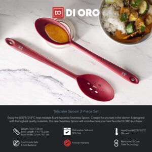 DI ORO Silicone Spoons for Cooking - Large Kitchen Spoons for Mixing, Serving, & Stirring - 600°F Heat-Resistant Non Stick Utensils – Big Solid & Slotted Basting Spoons - Dishwasher Safe (2pc, Red)