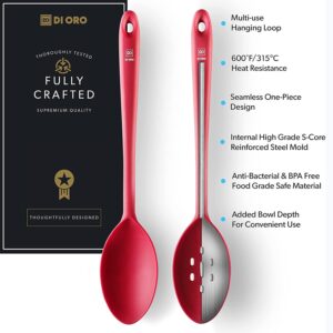 DI ORO Silicone Spoons for Cooking - Large Kitchen Spoons for Mixing, Serving, & Stirring - 600°F Heat-Resistant Non Stick Utensils – Big Solid & Slotted Basting Spoons - Dishwasher Safe (2pc, Red)