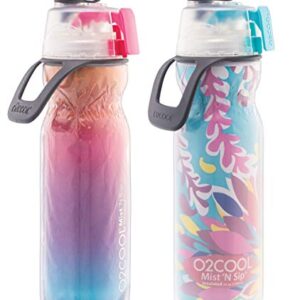 O2COOL Arctic Squeeze Insulated Mist 'N Sip Water Bottle | 2 Pack- 20 oz | BPA Free, 2-in-1 Mist and Sip Function w/No Leak Pull Top Spout (Ras Ombre/Tropical)