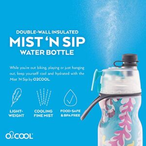 O2COOL Arctic Squeeze Insulated Mist 'N Sip Water Bottle | 2 Pack- 20 oz | BPA Free, 2-in-1 Mist and Sip Function w/No Leak Pull Top Spout (Ras Ombre/Tropical)