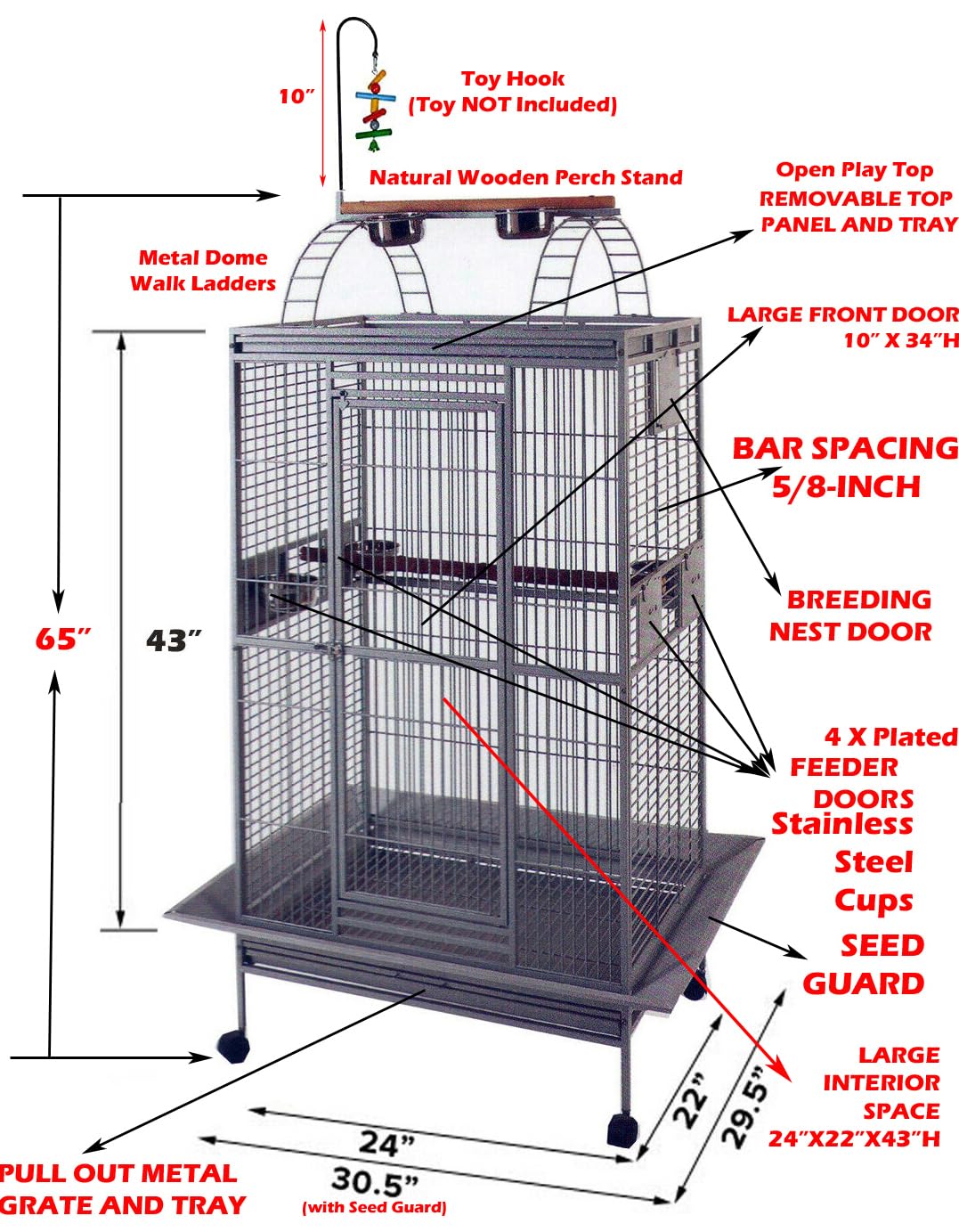 Large Elegant and Durable Play Top Bird Cage Parrot Finch Macaw Cockatoo Bird Wrought Iron Cage (Black Vein)