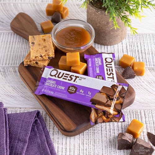 Quest Nutrition Caramel Chocolate Chunk Protein Bar, 20g Protein, 1g Sugar, 4g Net Carbs, Gluten Free, Keto Friendly, 12 Count