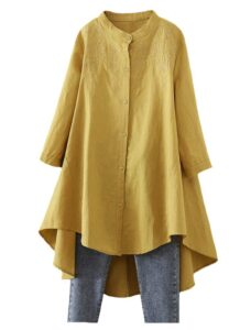 minibee women's cotton linen shirt high low button down embroidered blouse long sleeve tunic tops with pocket yellow 2xl