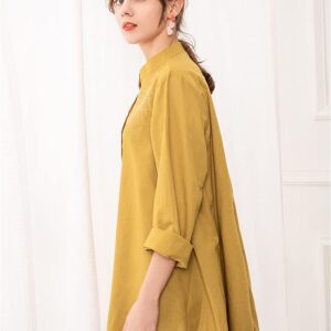 Minibee Women's Cotton Linen Shirt High Low Button Down Embroidered Blouse Long Sleeve Tunic Tops With Pocket Yellow 2XL