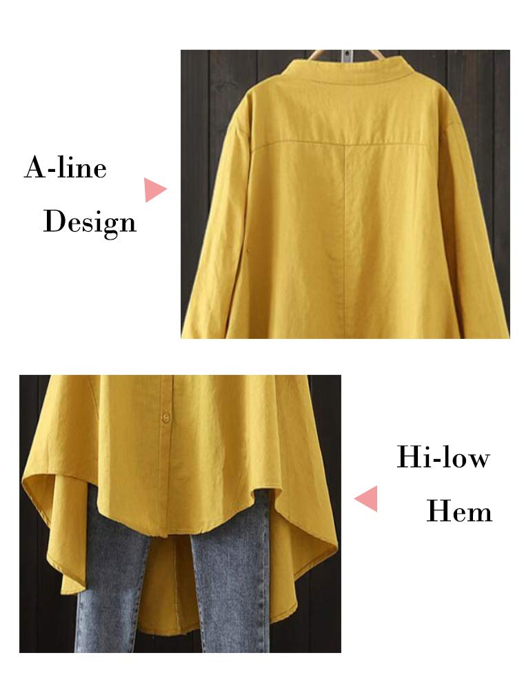 Minibee Women's Cotton Linen Shirt High Low Button Down Embroidered Blouse Long Sleeve Tunic Tops With Pocket Yellow 2XL