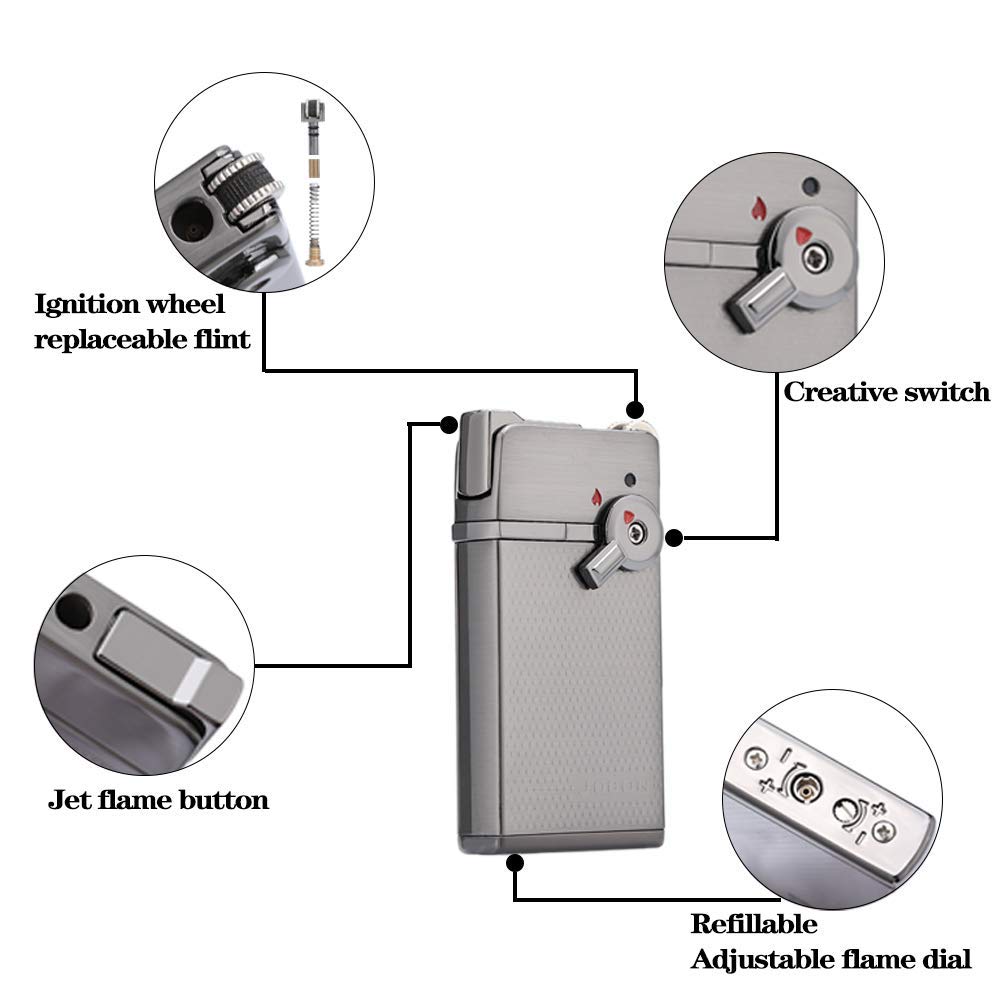 YUSUD Torch Cigar Lighter, Butane Fuel Refillable, Soft/Jet Flame Switchable Cigarette Lighter with Flame Adjustable and Rotatable Switch, Unique Gift for Tobacco Pipe & Cigar