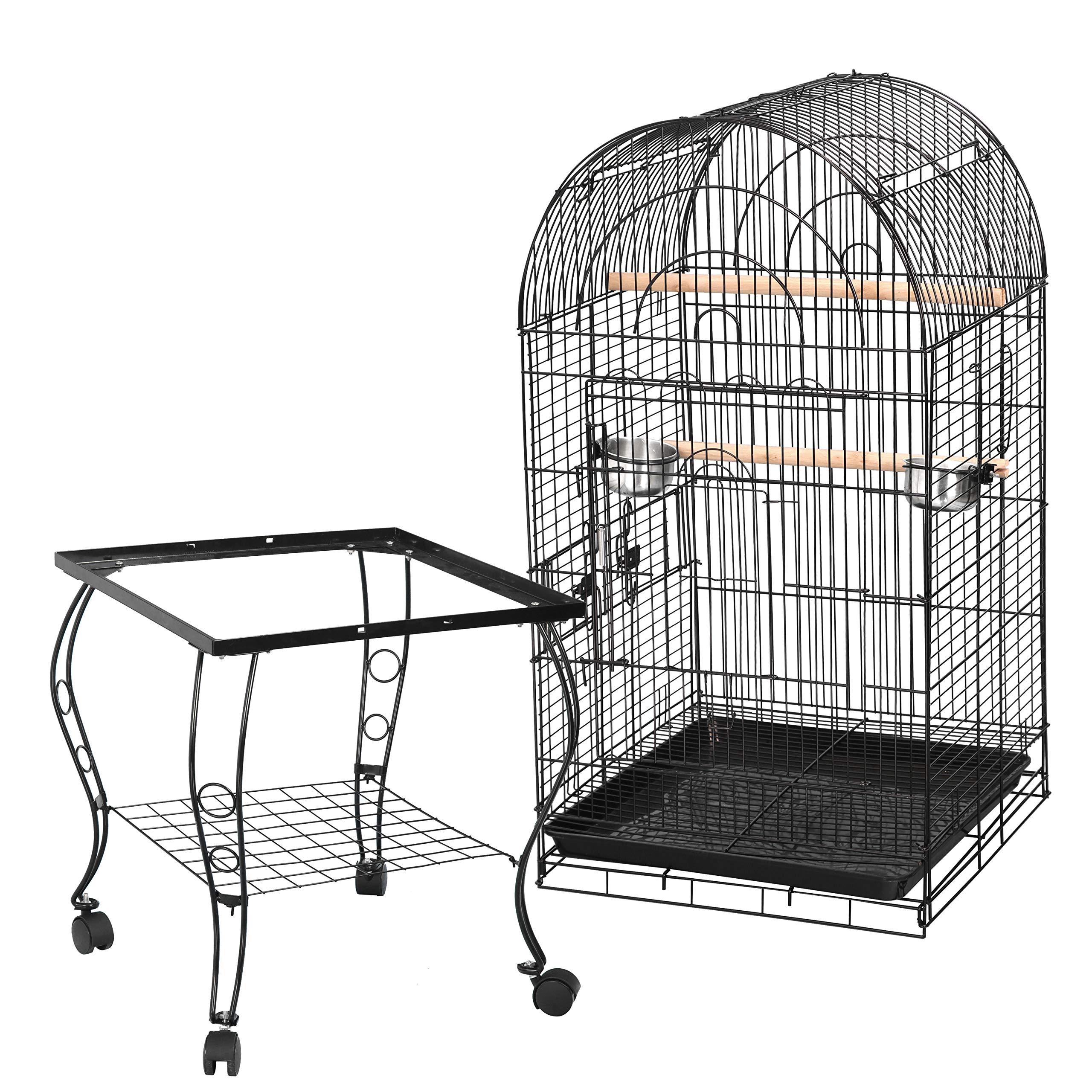 SUPER DEAL 63.5'' Rolling Bird Cage Large Wrought Iron Cage for Cockatiel Sun Conure Parakeet Finch Budgie Lovebird Canary Medium Pet House with Rolling Stand & Storage Shelf